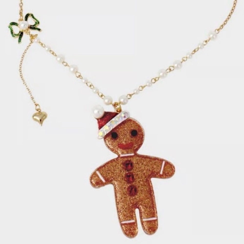 Gingerbread Man Necklace with Pearls Betsey Johnson NWT bonus matching earrings
